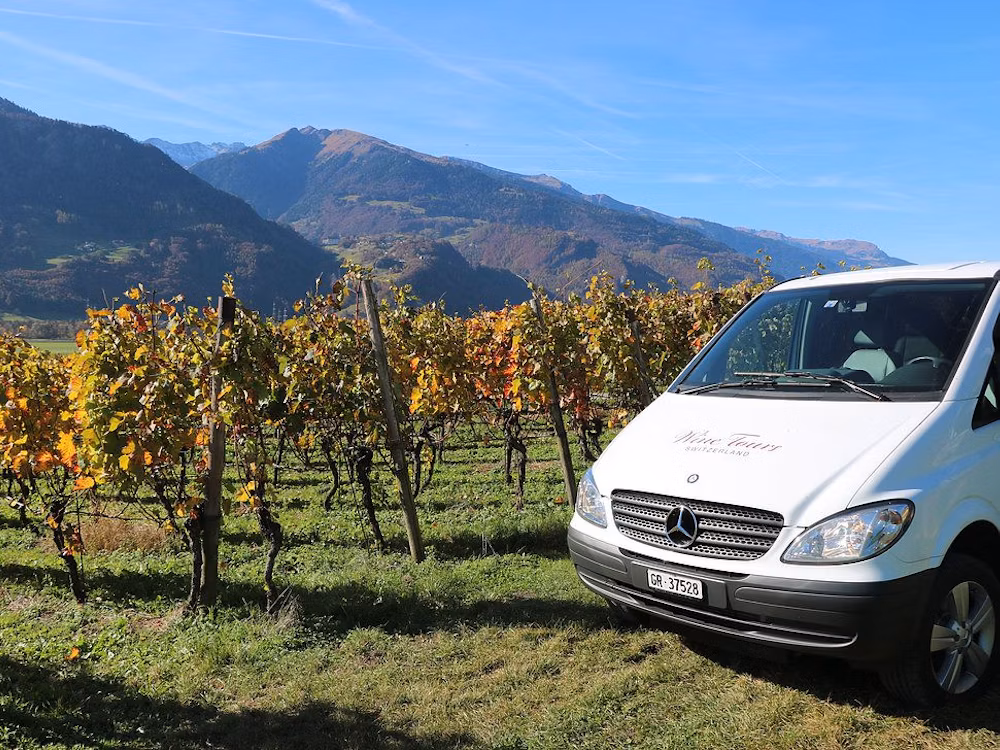 Luxury Mercedes vehicle providing transportation during a wine tour in Grisons, Switzerland
